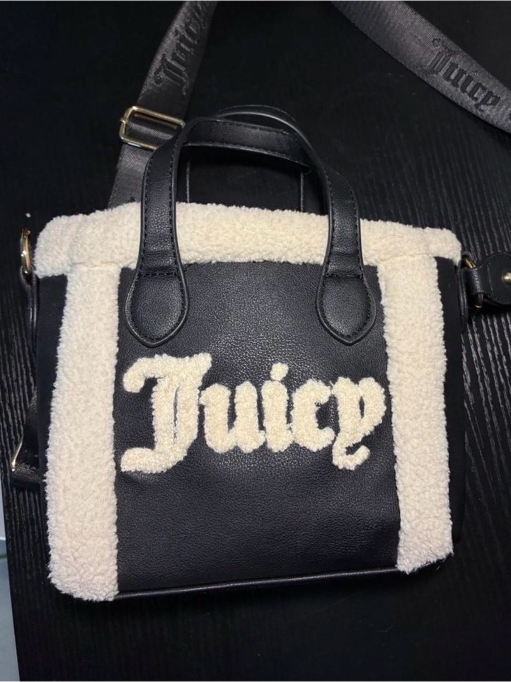 Juicy Couture Black & Cream 'Juice' Logo Sherpa Accent Tote